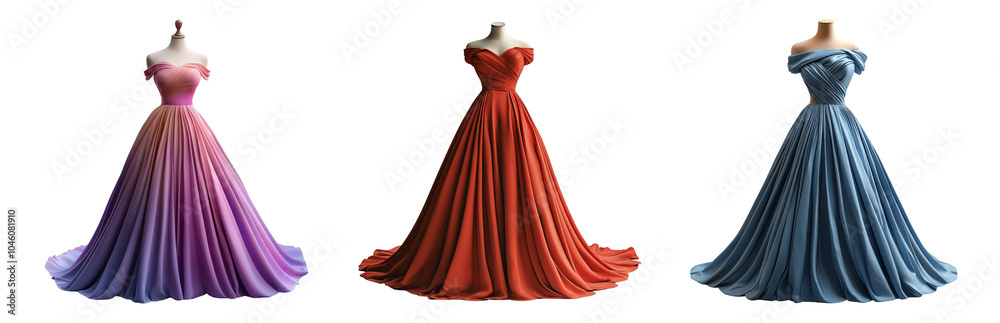 Obraz premium PNG Evening Dresses Displayed on Mannequins Isolated on Transparent Background