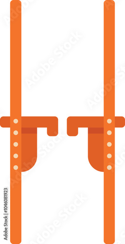 Pair of wooden stilts with foot supports and straps, standing upright on a white background