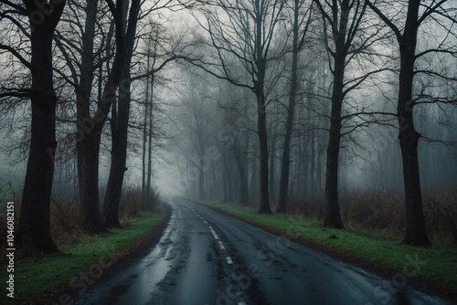 Paved Road in the countryside passing through shady trees on the side during a foggy cold morning. In a cinematic style