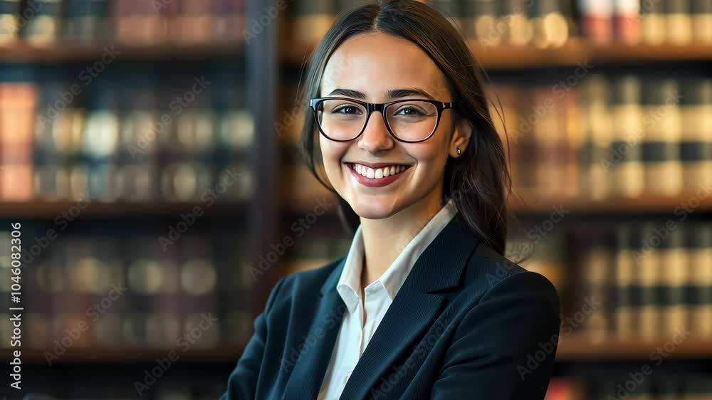 A woman in a suit and glasses smiles confidently in a library setting A woman in a suit and glasses smiles confidently in a library setting