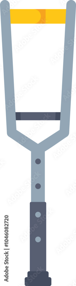 This flat vector illustration depicts a single gray metal crutch with a yellow handgrip, symbolizing mobility assistance and rehabilitation This flat vector illustration depicts a single gray metal crutch with a yellow handgrip, symbolizing mobility assistance and rehabilitation