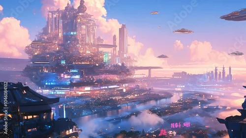 Wallpaper Mural Futuristic Cityscape with Floating Ships at Sunset in Anime Style Torontodigital.ca