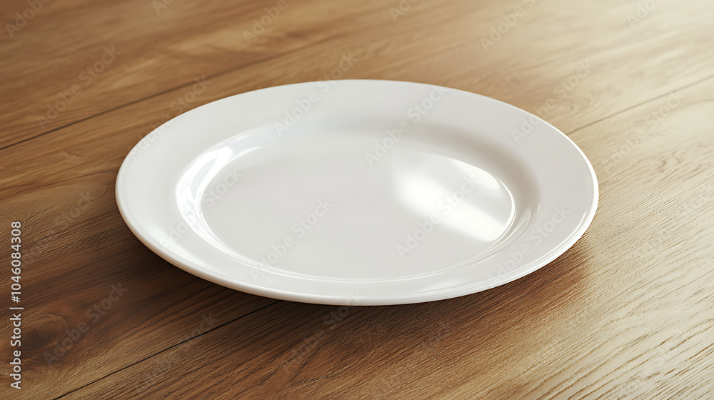 White plate isolated on a wooden table White plate isolated on a wooden table