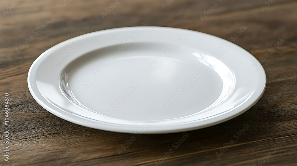 White plate isolated on a wooden table White plate isolated on a wooden table