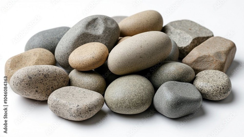 Realistic Smooth Sea Pebbles and Stones on a Uniform Background, Natural Coastal Beauty Realistic Smooth Sea Pebbles and Stones on a Uniform Background, Natural Coastal Beauty