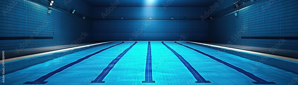 Obraz premium Empty swimming pool with clear blue water and bright overhead lights.