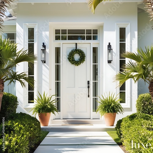 A welcoming, sunlit front door of a modern suburban house, painted in crisp white with flanking tall windows and potted green plants

 