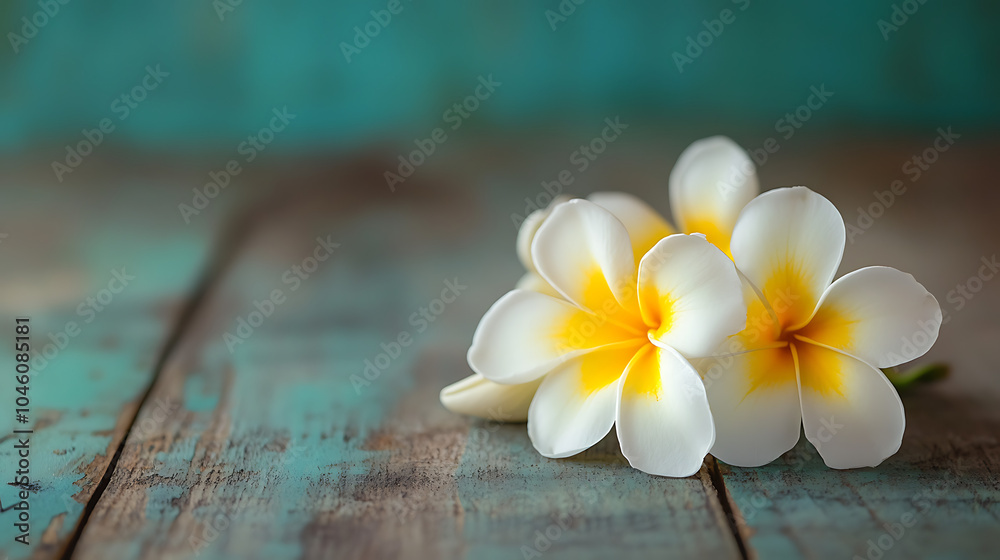 Fototapeta premium Tropical flowers frangipani plumeria isolated on a wooden table