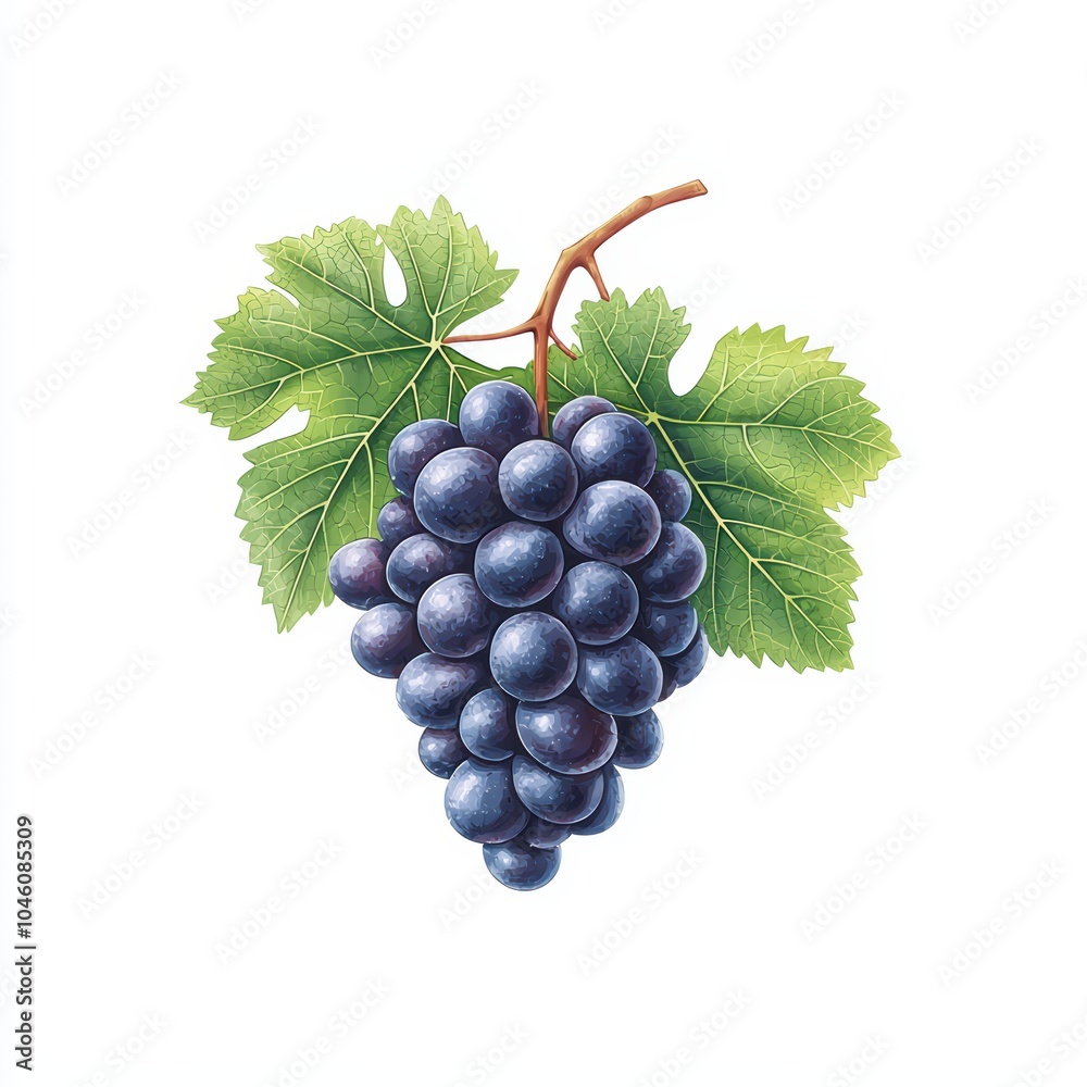 Fototapeta premium Fresh grapes with green leaves on a white isolated background.