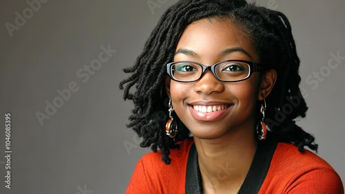 A young woman with locs smiles warmly while wearing glasses and a red sweater