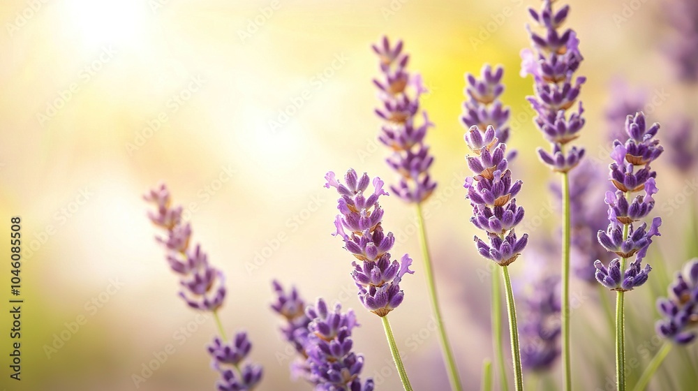 A close-up of a field of lavender flowers illuminated by the sun behind them A close-up of a field of lavender flowers illuminated by the sun behind them