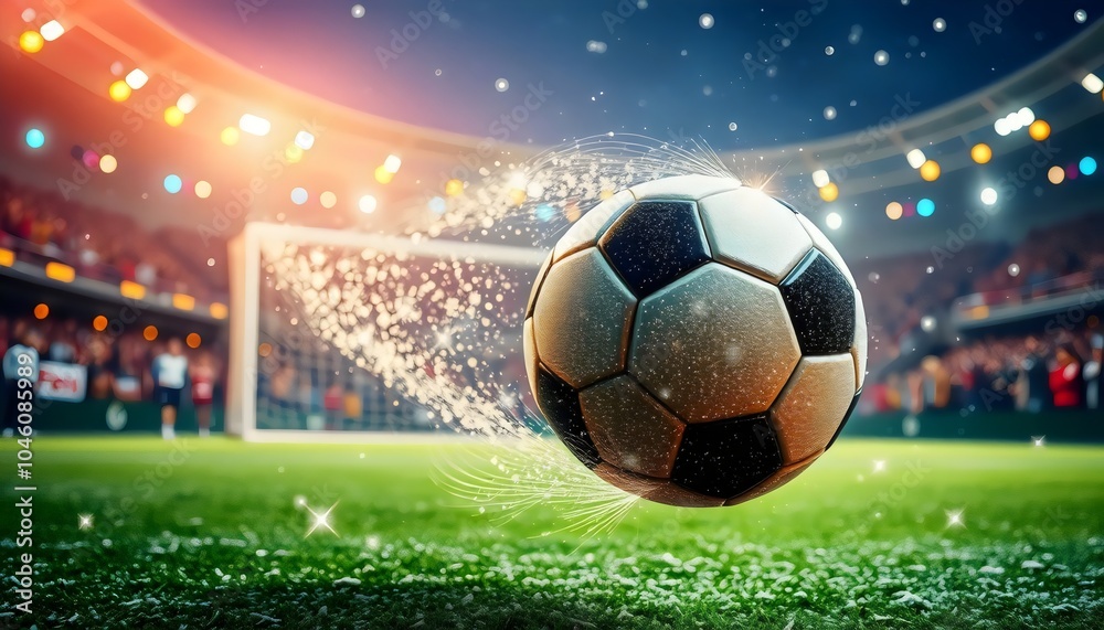 Naklejka premium Soccer Ball Approaching Goal - Action Shot, Stadium Lights, Sparkling