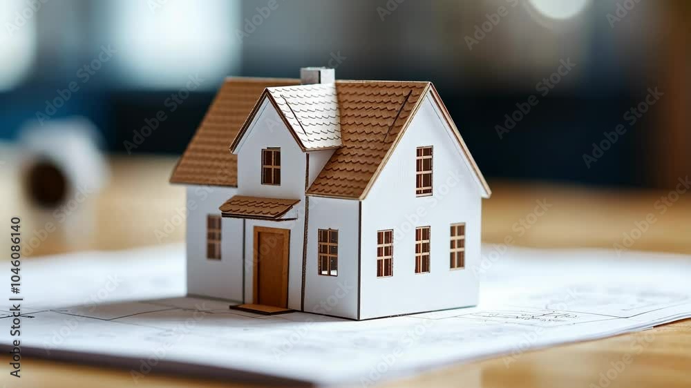 A small white house with a brown roof sits on top of a blueprint A small white house with a brown roof sits on top of a blueprint