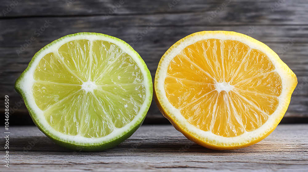 Slice of lemon and lime fruit isolated on a wooden table Slice of lemon and lime fruit isolated on a wooden table