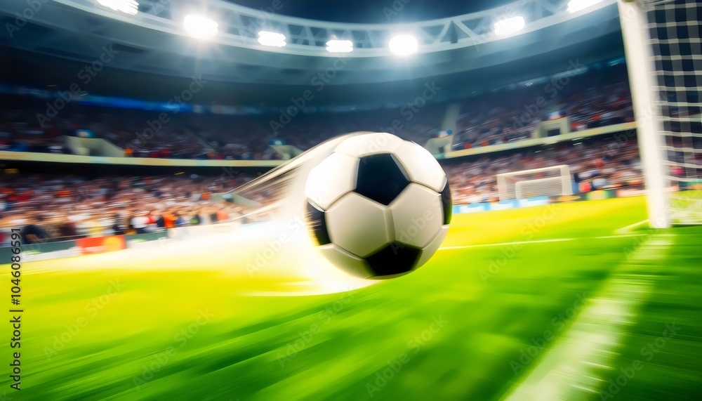 Fototapeta premium Soccer Ball Approaching Goal - Action Shot, Stadium