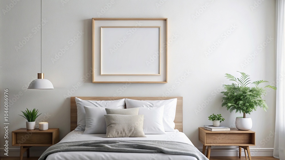 Square blank picture frame mockup in modern bedroom with low angle Square blank picture frame mockup in modern bedroom with low angle