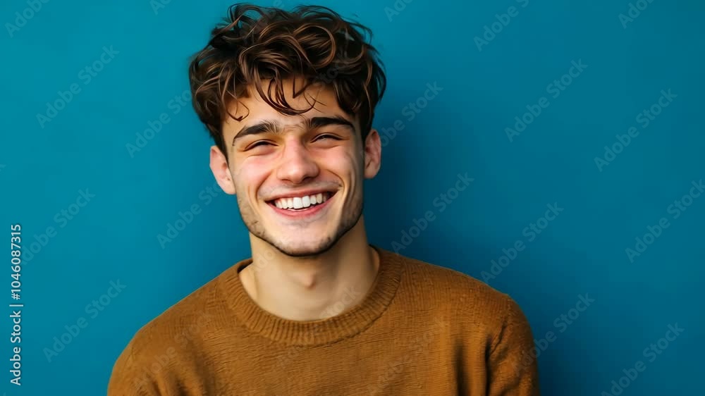 A young man with curly brown hair smiles at the camera, wearing a brown sweater against a teal background A young man with curly brown hair smiles at the camera, wearing a brown sweater against a teal background