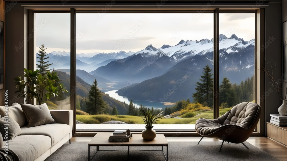 Fototapeta premium Modern Living Room with Mountain View: Large Windows, Cozy Design
