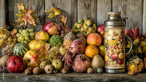 A variety of autumn fruits and vegetables sit on a wooden table in front of a rustic wooden wall