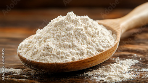 Pile of white wheat flour in wooden spoon isolated on a wooden table