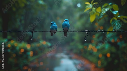   Birds perched on power line overlooking dense forest
