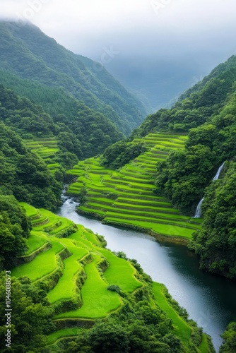 Scenic view of terraced rice fields beside a serene river and lush mountains.