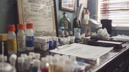 Bottles and Papers on a Desk