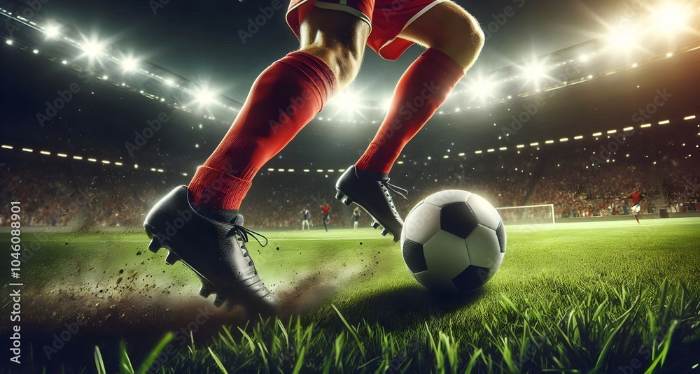 Naklejka premium Soccer Player Dribbling Ball in Stadium Under Lights