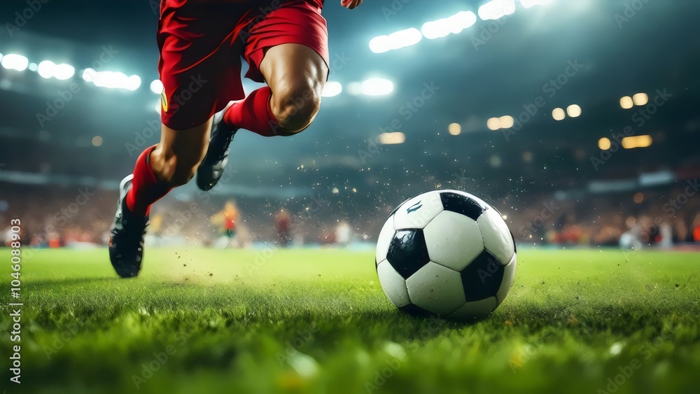 Naklejka premium Soccer Player Dribbling Ball in Stadium Under Lights
