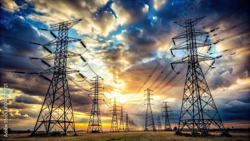 Tall steel transmission towers against cloudy sky panoramic photo