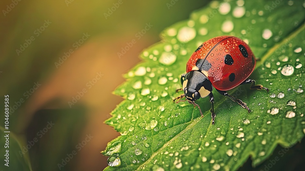 A ladybug sits on a green leaf covered in water droplets. A ladybug sits on a green leaf covered in water droplets.