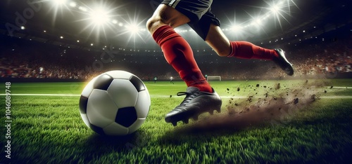 Soccer Player Kicking Ball - Action Shot, Stadium, Close-Up