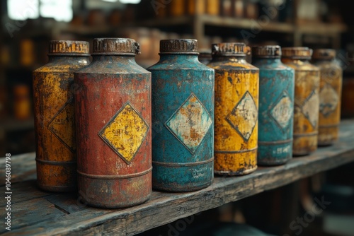 Vintage Industrial Cans on Rustic Shelf in Warehouse Setting photo