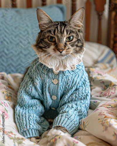 chubby,cat,blue,sweater,cozy,bed,chilling,pet clothes,tabby,cuddle,bedtime,winter,cold,cute,dress,sit,cintage,knit,lace,collar,bedreoom,blanket,pillow,portrait,floral,knitwear,relax,surreal,morning photo