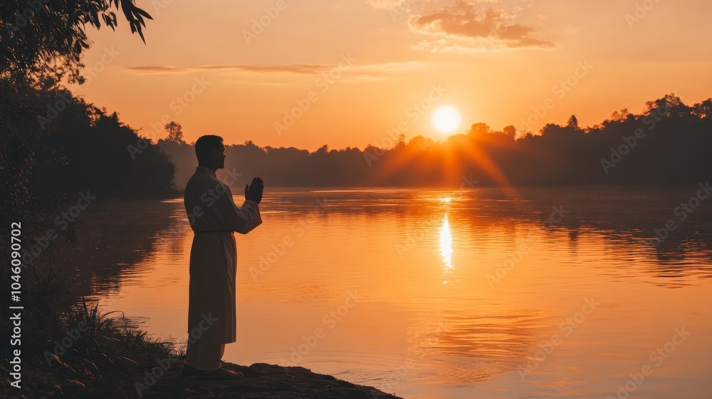 Fototapeta premium An empty scene featuring blank mockup template of a priest standing by the river, offering prayers during the sunrise, 