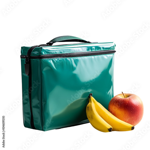 Green lunch bag with fresh banana and apple. Perfect for school, work, or picnic. Insulated for freshness and convenience. photo