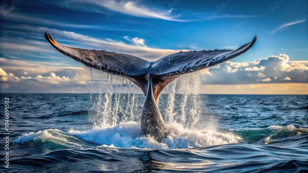 Fototapeta premium Whale's tail peeking out of the ocean surface, Tilted Angle