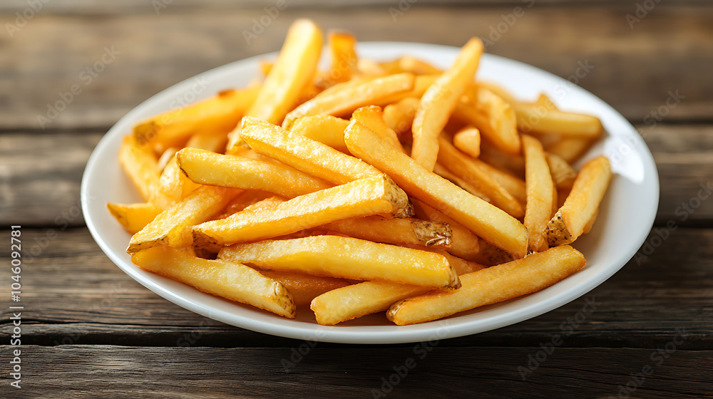 French fries in white plate isolated on a wooden table French fries in white plate isolated on a wooden table