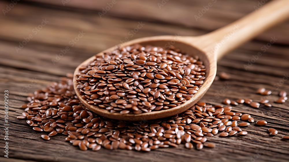 Flax seeds heap in wood spoon isolated on a wooden table Flax seeds heap in wood spoon isolated on a wooden table
