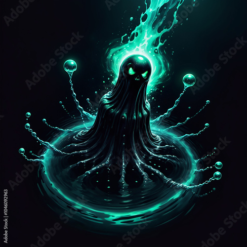 A dark, glowing spirit with a skulllike face emerges from a pool of teal liquid, surrounded by radiating splashes and orbs of light. photo