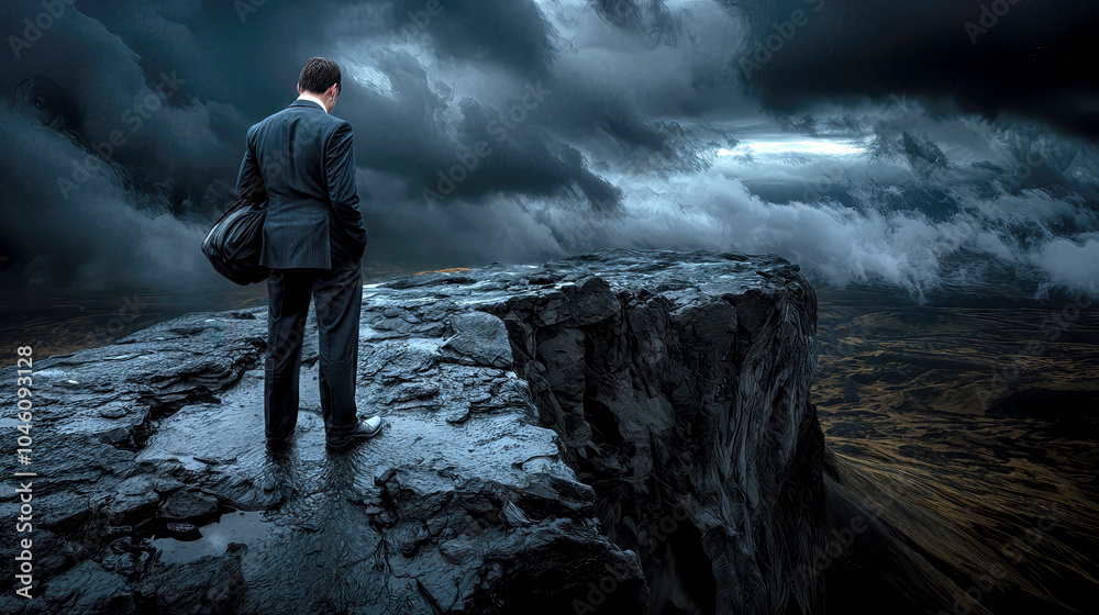 Obraz premium A businessman stands at the edge of a cliff under a stormy sky, contemplating his next move in a moment of uncertainty
