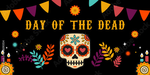 Day of the Dead banner with sugar skull, flowers, candles on black background. Mexican Dia de los Muertos celebration and cultural event. Vector.