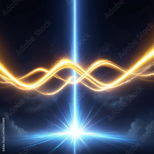 A digital abstract illustration of a bright blue beam of light emanating from the bottom of the image, splitting into multiple rays above, intersected by a golden wavelike light in the middle, set aga photo