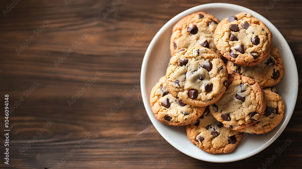 Chocolate chip cookie in a plate isolated on a wooden table Chocolate chip cookie in a plate isolated on a wooden table