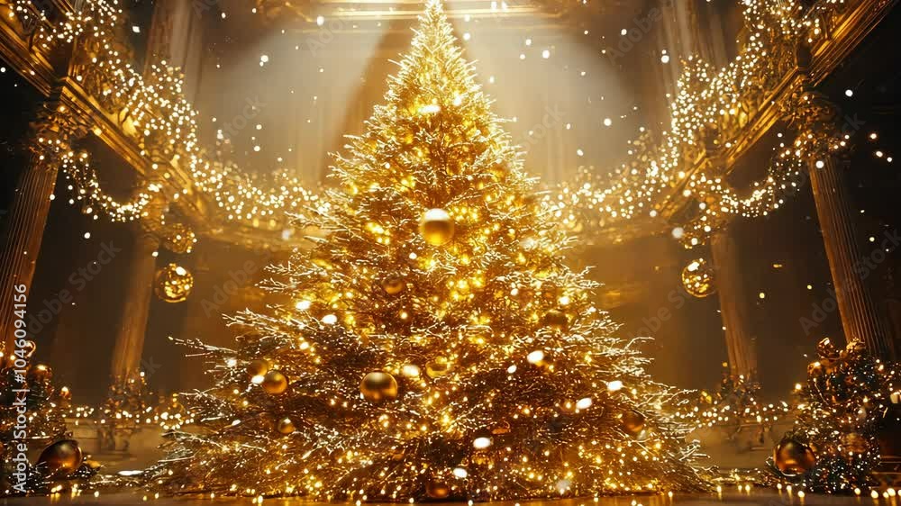 Glittering gold Christmas tree with matching golden lights, ornaments, and tinsel, standing tall in a luxurious holiday setting. . Video