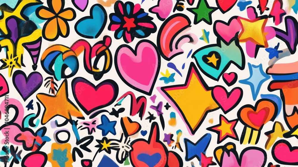 This doodle features an explosion of colors with playful icons like stars, hearts, arrows, and flowers, reflecting a vibrant artistic expression. Generative AI This doodle features an explosion of colors with playful icons like stars, hearts, arrows, and flowers, reflecting a vibrant artistic expression. Generative AI