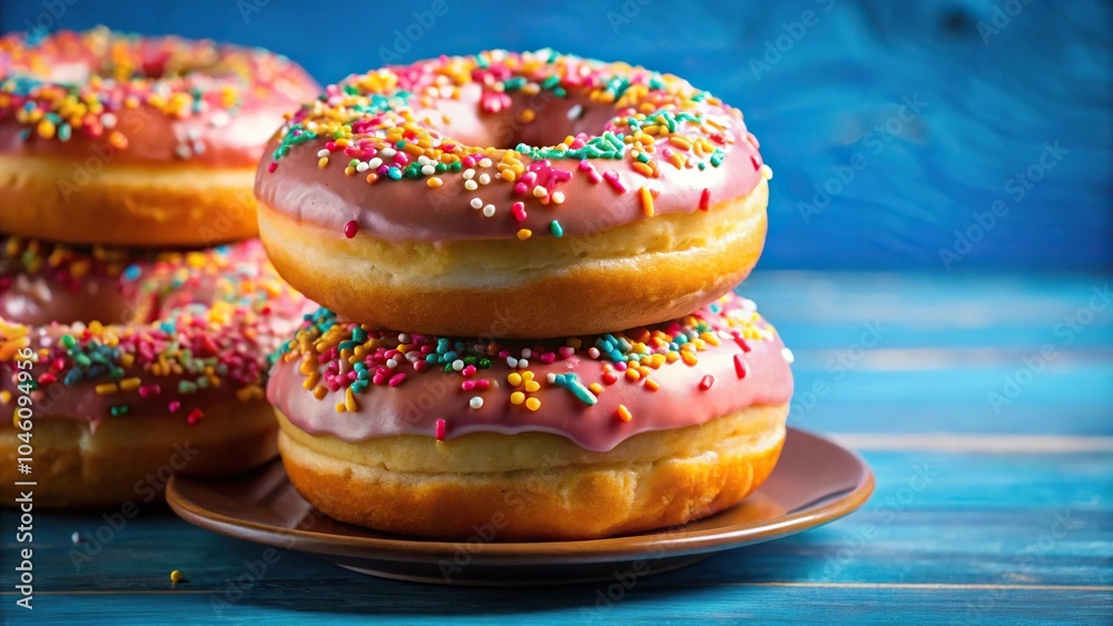 Stacked donuts and sprinkles on tray with blue background, extreme close-up