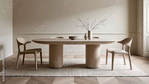 Design a minimalist dining room featuring a sleek, oval wooden table paired with matching curved wooden chairs 
