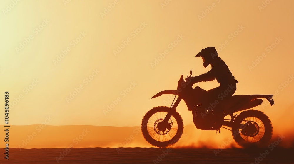 Fototapeta premium Motorcyclist Racing Through Desert Dunes at Sunset