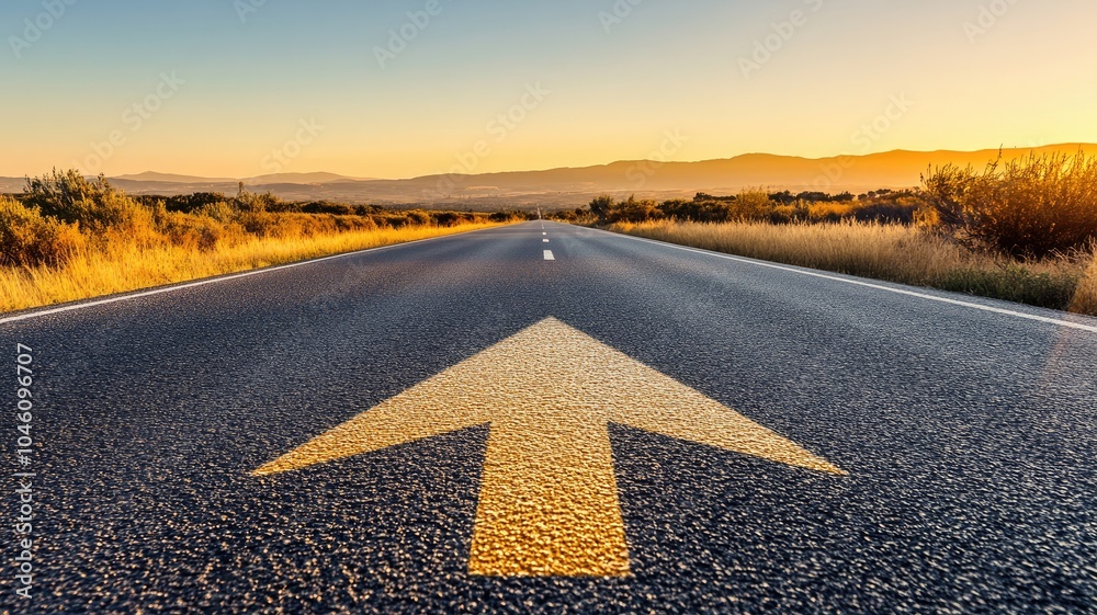 Fototapeta premium Empty road with arrow, sunset, mountains, and clear sky